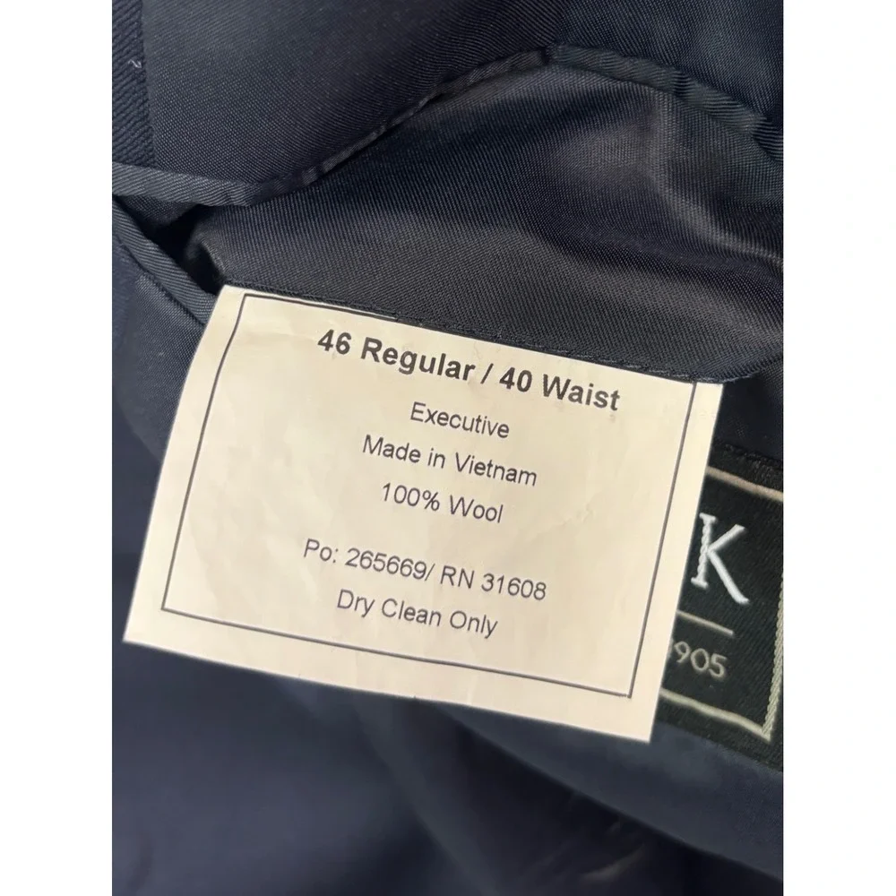 Jos A Bank 46R 40x30 Navy Blue 2pc Pant Suit Wool Tailored Fit Flat Front Modern